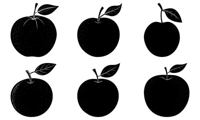 Five black apples with leaves on white background silhouette fruit 1