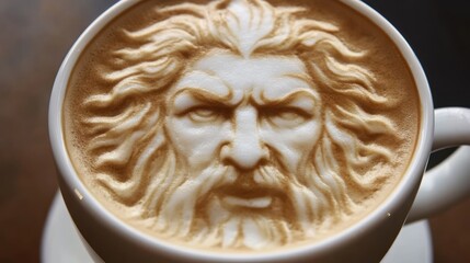 Latte art coffee beverage man face with beard in milk foam closeup