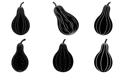 Five Black and White Silhouette Gourds on White Background squash vegetable