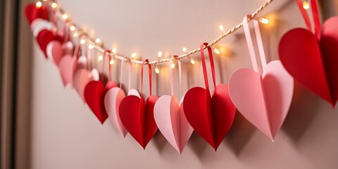 Red and pink paper hearts garland with string lights