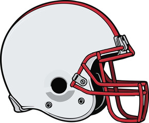 American Football Helmet Icon - Side View Sports Equipment - Protective Football Headgear Graphic - White and Red Helmet
