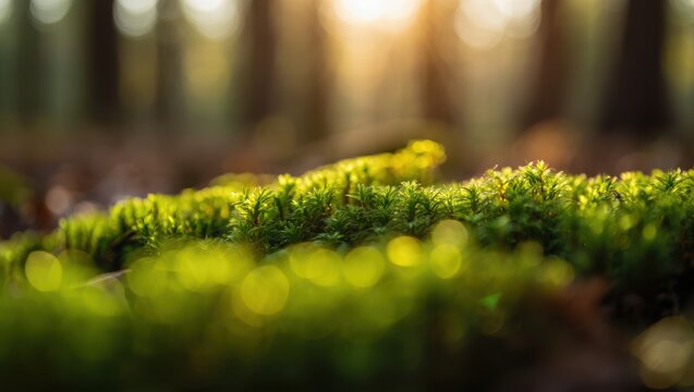 Lush green moss illuminated by golden sunlight in a forest bokeh - Powered by Adobe