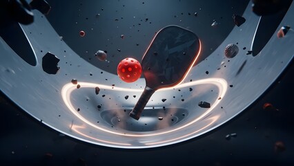 Futuristic pickleball paddle and ball in a vortex with glowing neon rings.