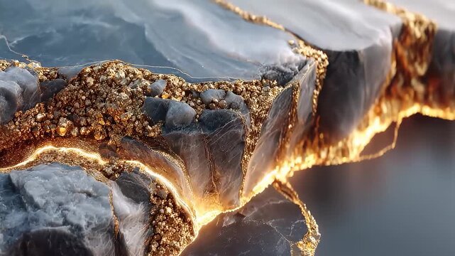 Golden liquid sand flowing through dark marble rock texture