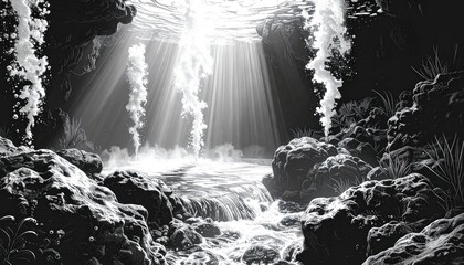 Sunlight streaming through a cave opening onto a rocky stream.
