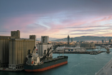 Industrial port of Barcelona in Spain with its container ports and cranes