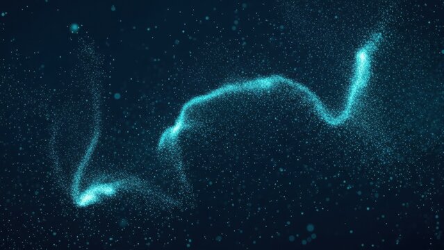 Glowing blue particles forming dynamic wave pattern in dark space