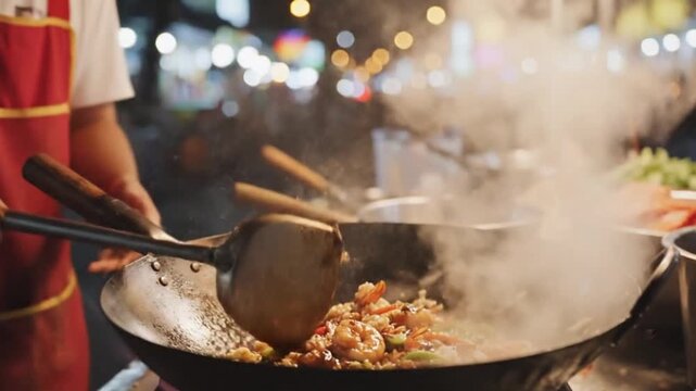 Street food chef cooking stir fry.