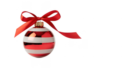 Red and white striped Christmas ornament with ribbon isolated on a transparent background