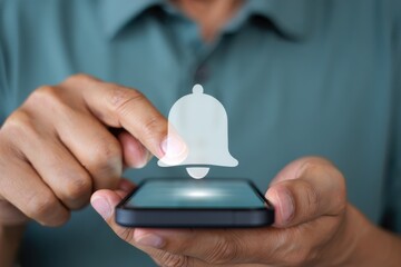 Person touching phone screen with notification bell icon hand