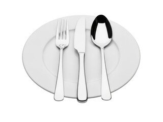 Set of cutlery on a plate isolated on transparent background