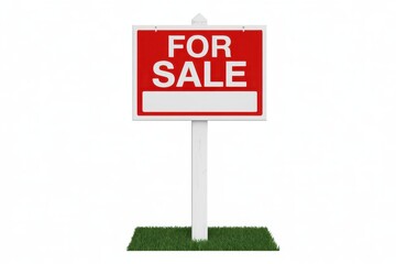 Red and white for sale sign on green grass background red sign white text real estate