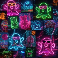 Neon glowing ghost character collage featuring vibrant colorful figures with sunglasses in candy world