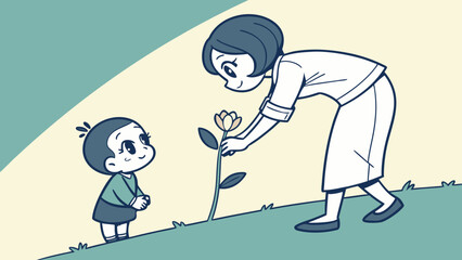 A minimalist vector art piece featuring a chibi child, eyes sparkling with hope, gently holding a single, vibrant green leaf or tiny flower. The background is a simple, calming gradient.