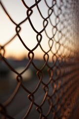 Fototapeta premium Rusty chain link fence with blurred sunset background metal wire