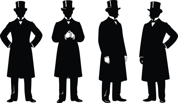 Vintage Gentleman Silhouette Vector Set, Four Black Figures in Victorian Era Style Top Hat, Tailcoat and Bow Tie.