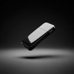 Sleek black voice recorder floating in a minimalist dark studio environment