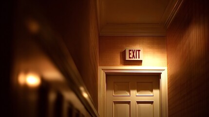 Exit sign blinking above a door in a dark hallway