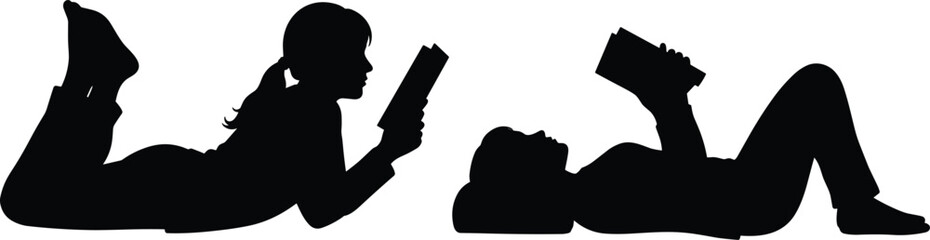 Silhouettes of people lying down and reading books, black figures, relaxed posture, white background, leisure and learning illustration © MDMORSEDUL