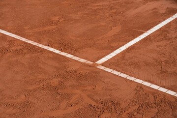 Close up of clay tennis court surface with white boundary lines
