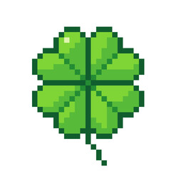 Pixel Art Four-Leaf Clover in Shades of Green on Black Background