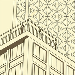 Abstract Architectural Drawing of Modern Building with Balcony and Geometric Pattern Background architecture