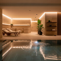 Luxury spa interior with indoor pool, lounge chairs, and warm ambient lighting