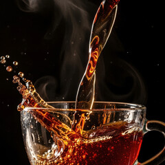 Hot tea or coffee splashing while being poured into glass cup