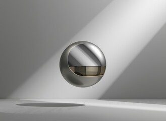 Minimalist futuristic metallic sphere floating in empty studio with diagonal light beam