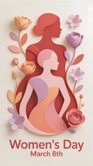 International Women's Day March 8th vertical banner with layered paper art of women profiles.