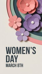 Minimalist Women's Day March 8th vertical background with 3D purple paper flowers.