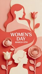 Happy Women's Day March 8th greeting background with 3D paper cut flowers and woman silhouette.