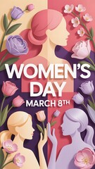 Women's Day March 8th celebration background with colorful 3D paper flowers and feminine art.