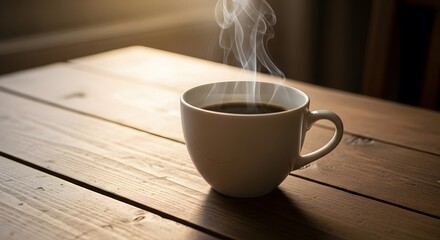 Steaming coffee cup on wooden table in warm sunlight