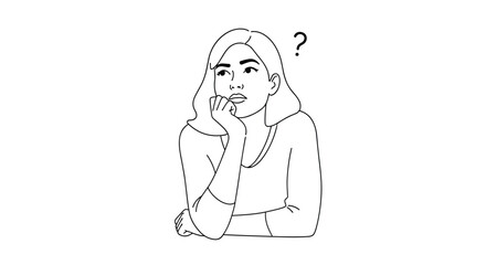 Obraz premium Simple line art drawing of a woman sitting at a table and thinking with a question mark symbol against white background.