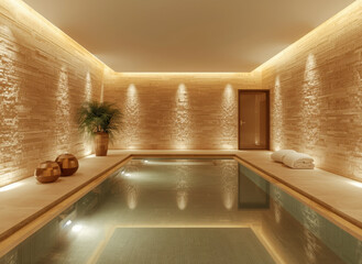 Elegant indoor swimming pool with warm lighting and stone walls creating a serene atmosphere