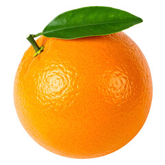 A close-up of a bright orange fruit with a green leaf on top, isolated on black