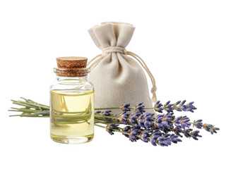 Lavender oil and herbs arrangement isolated on transparent background