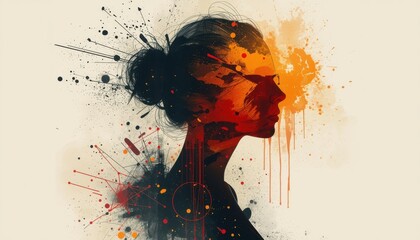 Abstract artistic illustration of woman's profile with colorful splashes