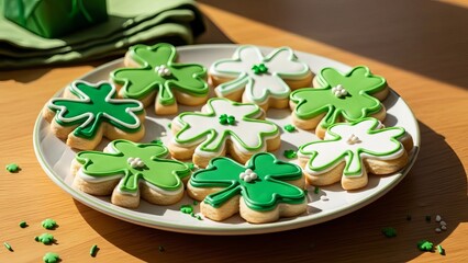 Plate of shamrock-shaped cookies decorated with green icing