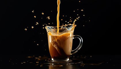 Dramatic slow motion shot of coffee or espresso beverage splashing out of clear glass mug on black background