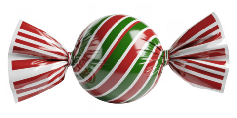 Red green and white striped candy with bows red and green stripes isolated on a transparent background