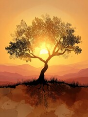 Celebrating Tu Bishvat With a Young Tree Silhouette Under Warm Sunlight at Dusk With a Mountain Background