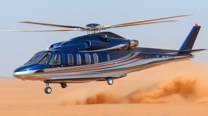 Sleek blue helicopter taking off over sand dunes aerial view