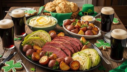 St. patrick's day feast with corned beef and beer