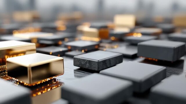 Composition of black marble and mirrored gold cubes