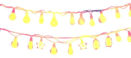String lights with stylized yellow bulbs arranged in two rows against a white background. The bulbs