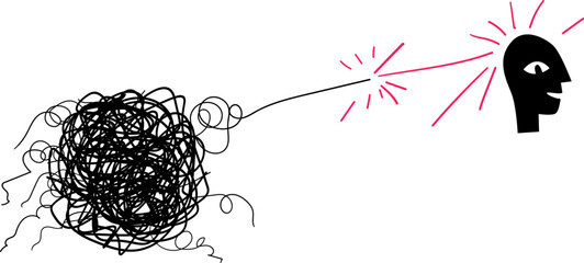 Mental clarity and breakthrough concept illustration with chaotic thoughts disconnecting from human head. Hand drawn line art symbol of awareness, inner freedom and release from mental burden.
