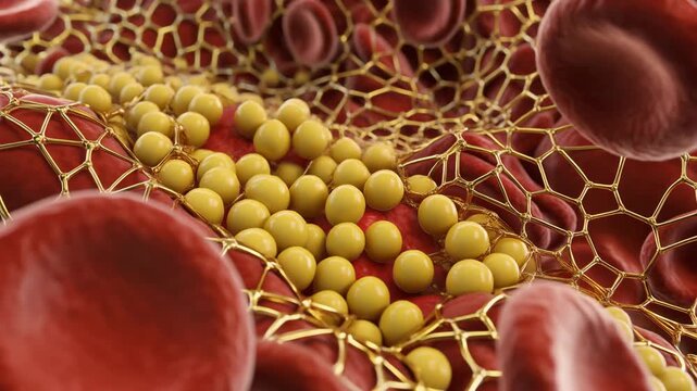 Close-up 3D animation of blood clot formation with red blood cells and platelets