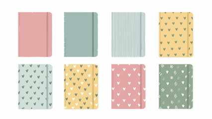 Stylish vector illustration showcasing a diverse set of minimalist notebooks with aesthetic pastel colors and charming patterns, perfect for modern stationery and design projects